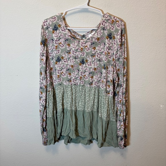 True Craft Tops - True Craft Womens Floral Patchwork Tiered Long Sleeve Tunic Top XL